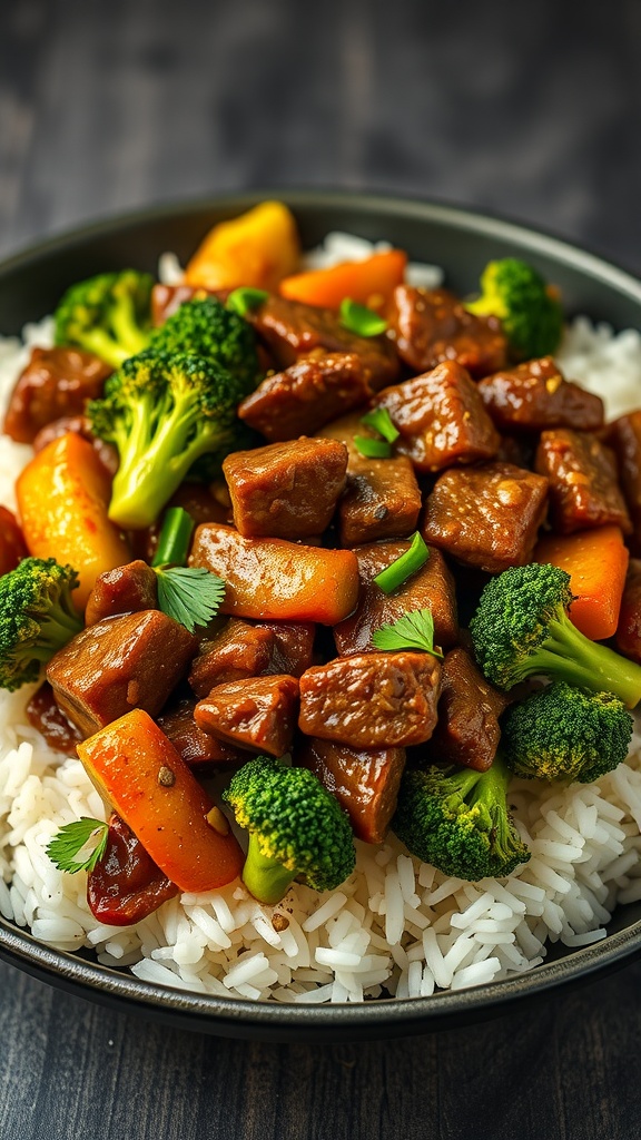 A plate of beef and broccoli stir-fry served over rice, showcasing colorful vegetables.