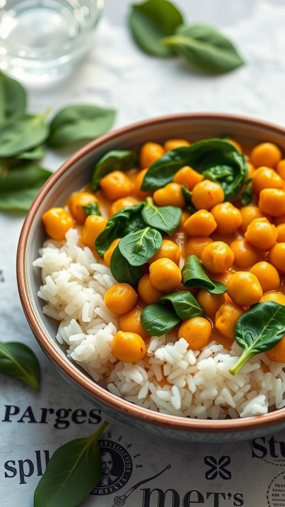 A bowl of Coconut Curry Chickpeas served over rice with fresh spinach leaves.