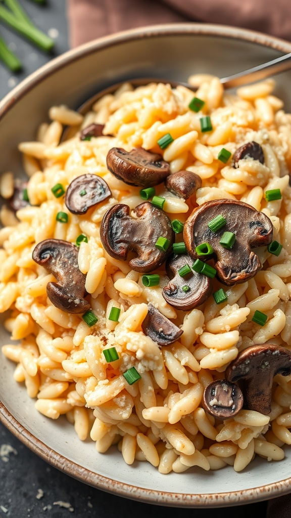 Creamy Mushroom Risotto with Sautéed Mushrooms and Green Onions A bowl of creamy mushroom risotto topped with sliced mushrooms and green onions.