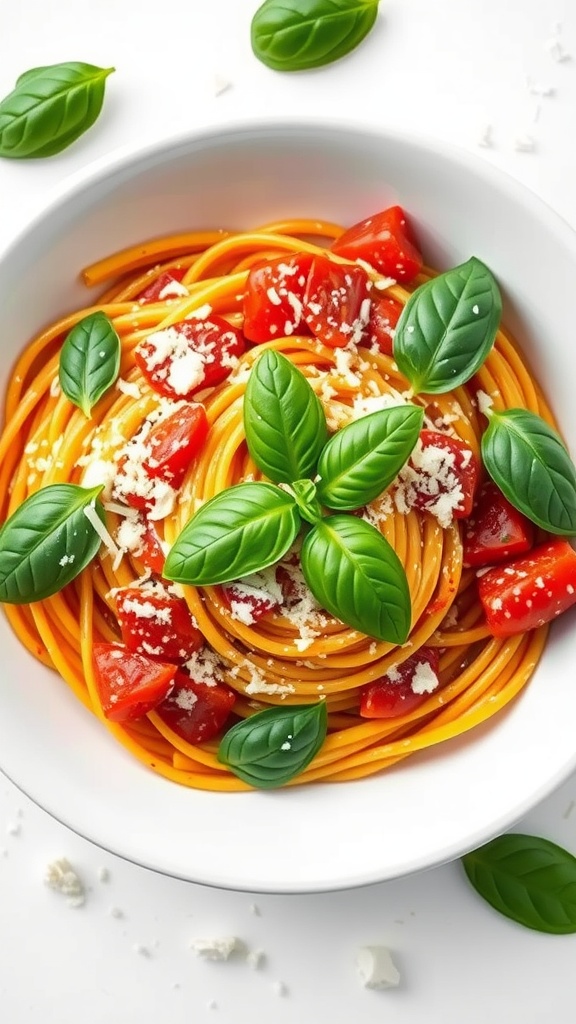 Creamy Tomato Basil Pasta with Fresh Basil and Diced Tomatoes A bowl of creamy tomato basil pasta topped with fresh basil and diced tomatoes