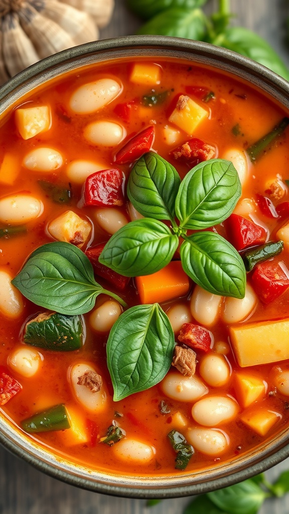 A bowl of minestrone soup with beans, vegetables, and basil on top.