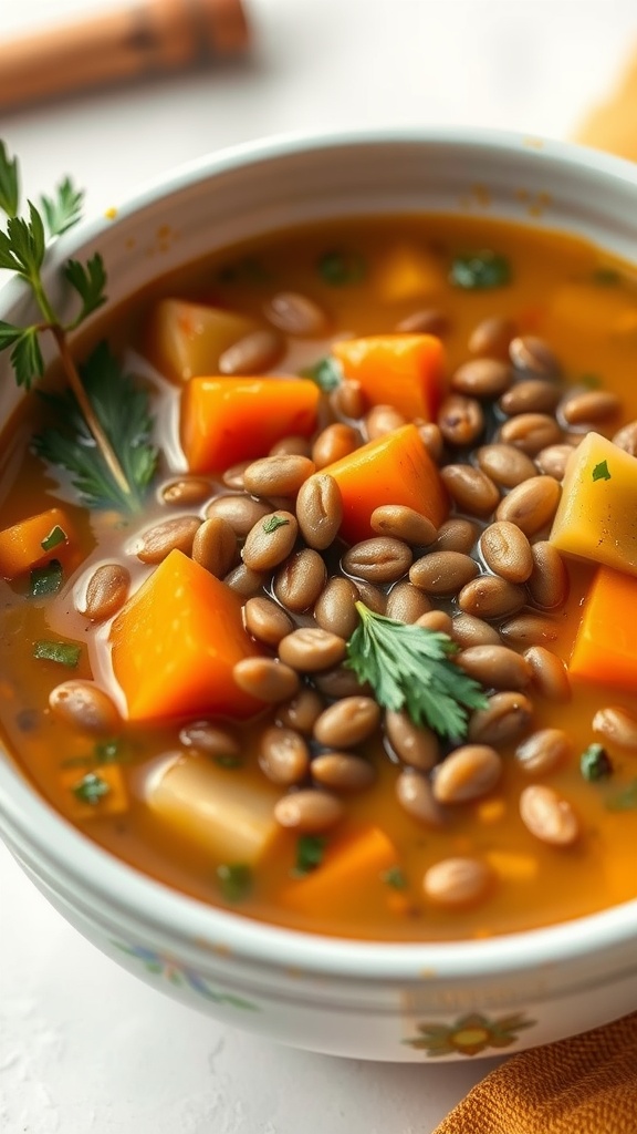 A bowl of savory lentil soup with sweet potatoes and herbs.