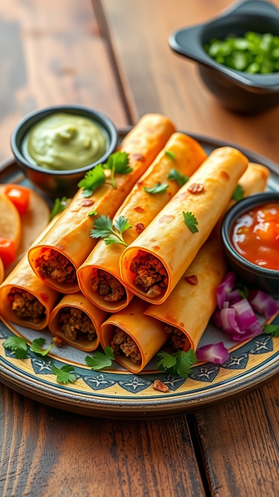 Crispy ground beef flautas with guacamole and salsa.