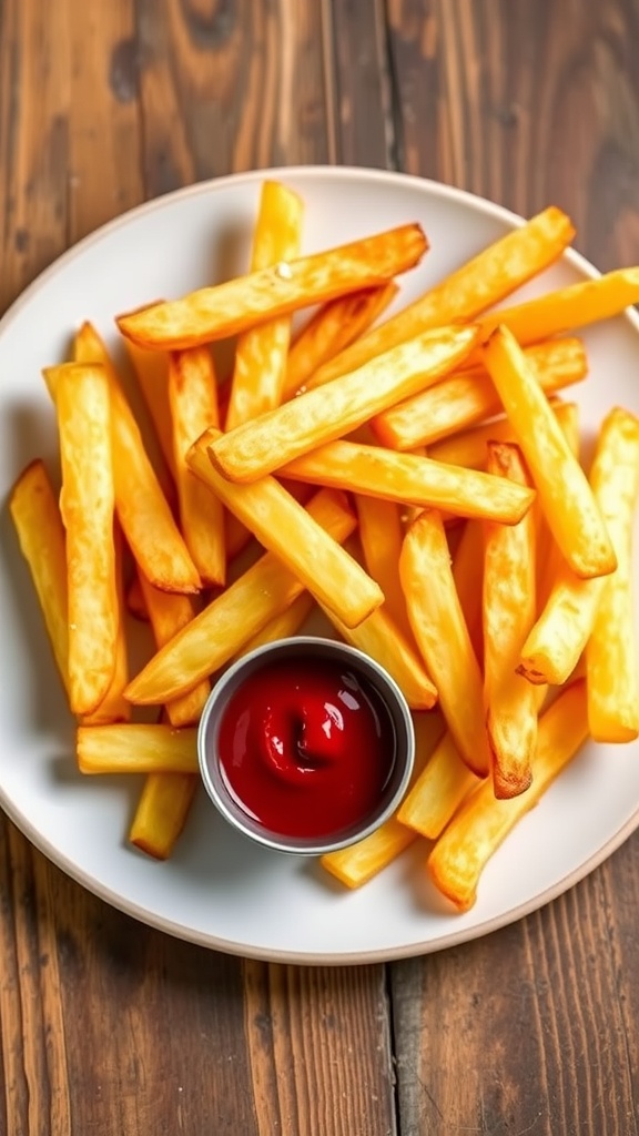 Air fried french fries and ketchup