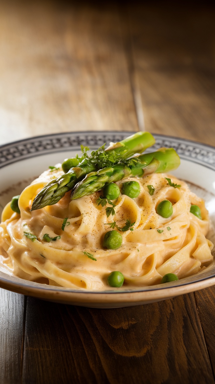 A bowl of fettuccine Alfredo with asparagus and peas, garnished with parsley, on a rustic wooden table.