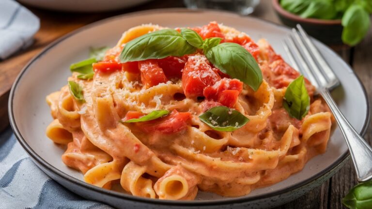 Creamy tomato basil pasta topped with diced tomatoes and fresh basil on a rustic table.