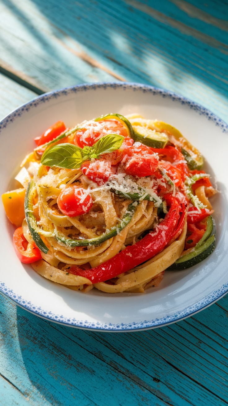 A colorful plate of Pasta Primavera with spring vegetables and Parmesan cheese on a rustic table.