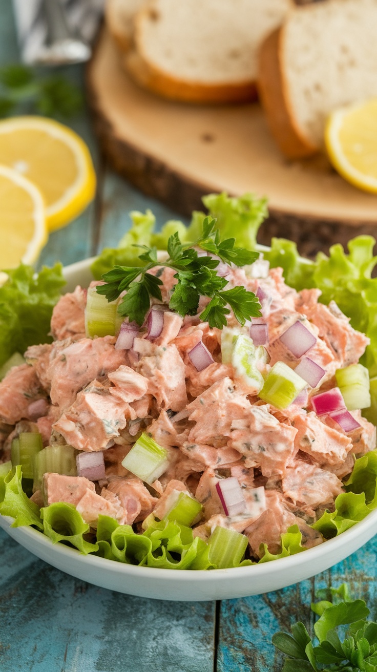 A colorful bowl of tuna salad with vegetables, garnished with parsley, served on lettuce leaves with bread and a lemon wedge.