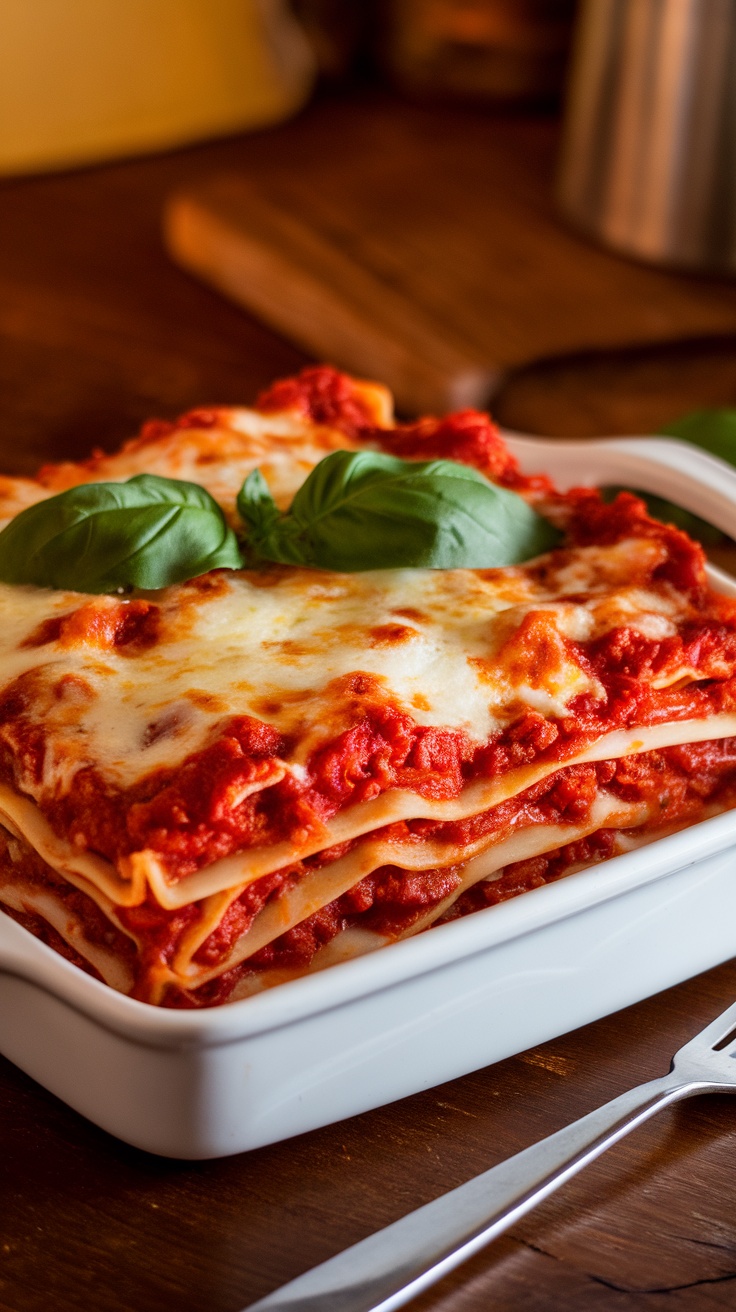 A hearty serving of lasagna with layers of pasta and cheese, garnished with basil, in a cozy kitchen.