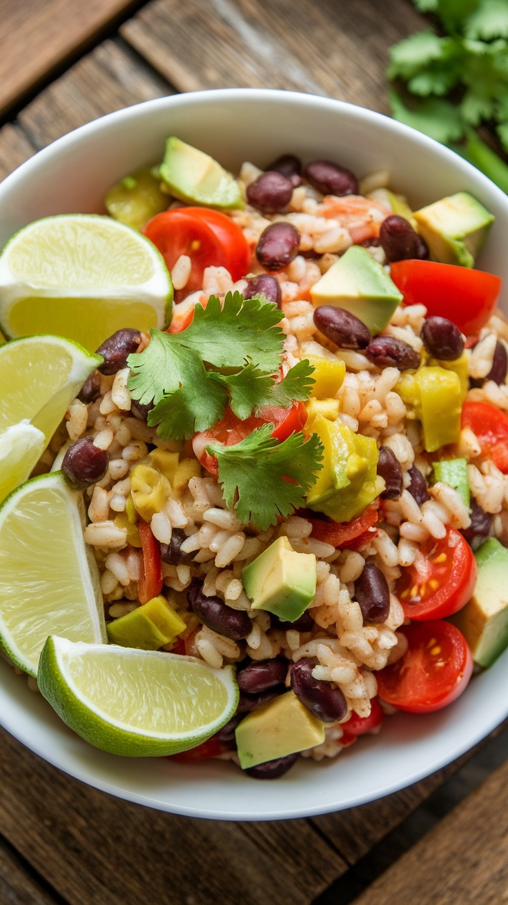 A bowl of colorful Southwestern Brown Rice Salad with black beans, tomatoes, and avocado, garnished with lime and cilantro on a wooden table.