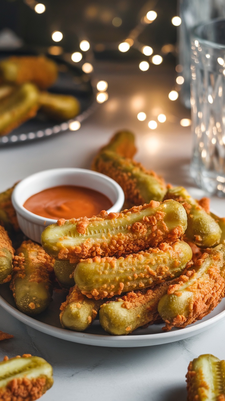 Crispy air fryer pickles served on a plate with dipping sauce, set in a warm party atmosphere.