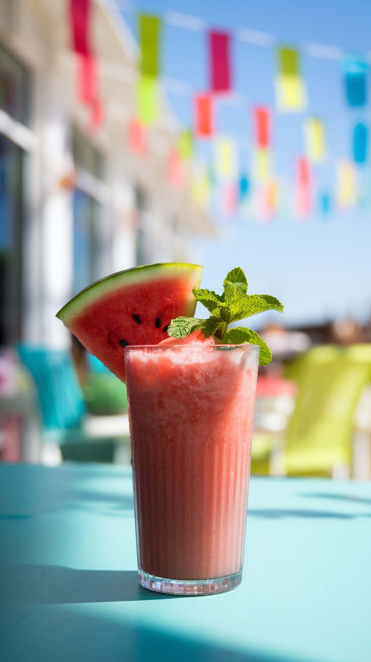 A refreshing watermelon slush in a glass, garnished with mint and watermelon slice, on a sunny patio.