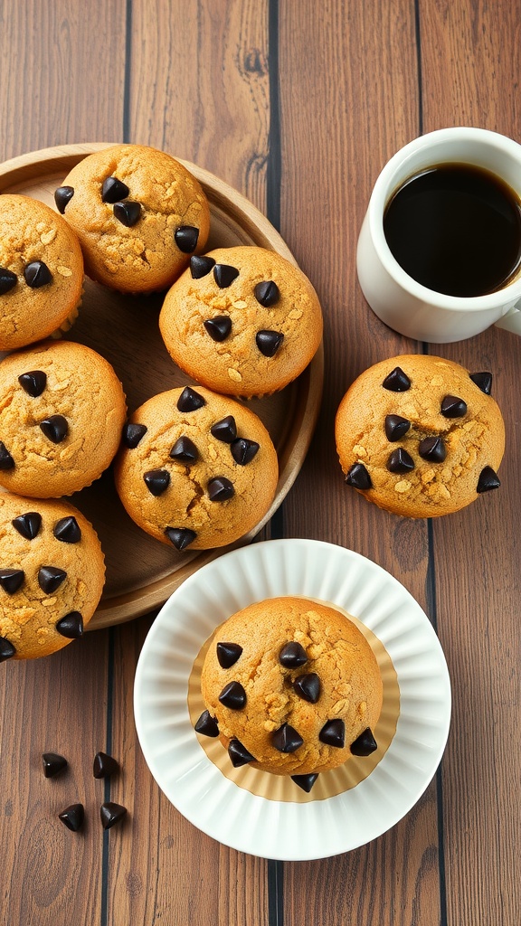 Banana oatmeal muffins with chocolate chips on a wooden table next to a cup of coffee.