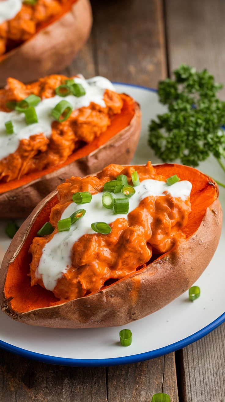 Stuffed sweet potatoes filled with buffalo chicken, topped with ranch dressing and green onions, on a rustic wooden table.