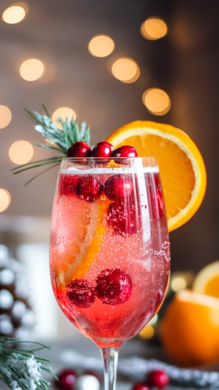 A festive drink of Cranberry Orange Fizz in a glass, garnished with cranberries and orange slice, against a winter-themed background.