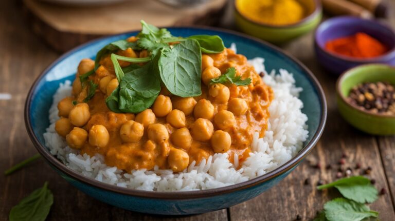 A bowl of coconut curry chickpeas with rice and spinach, garnished with cilantro on a wooden table.