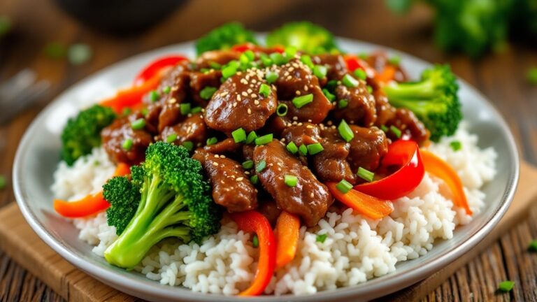 Beef and broccoli stir-fry with colorful vegetables on rice, garnished with sesame seeds and green onions.