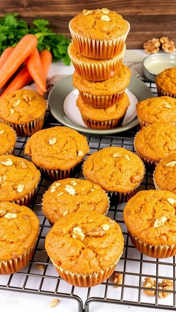 Homemade carrot oatmeal muffins with walnuts on a wire rack with fresh carrots and walnuts in the background.