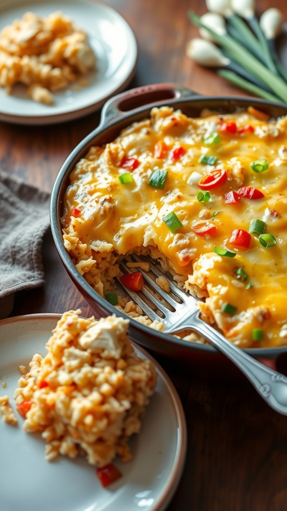 Cheesy Chicken and Rice Casserole with Cream Cheese A cheesy chicken and rice casserole with green onions and red peppers in a rustic dish, placed on a wooden table.