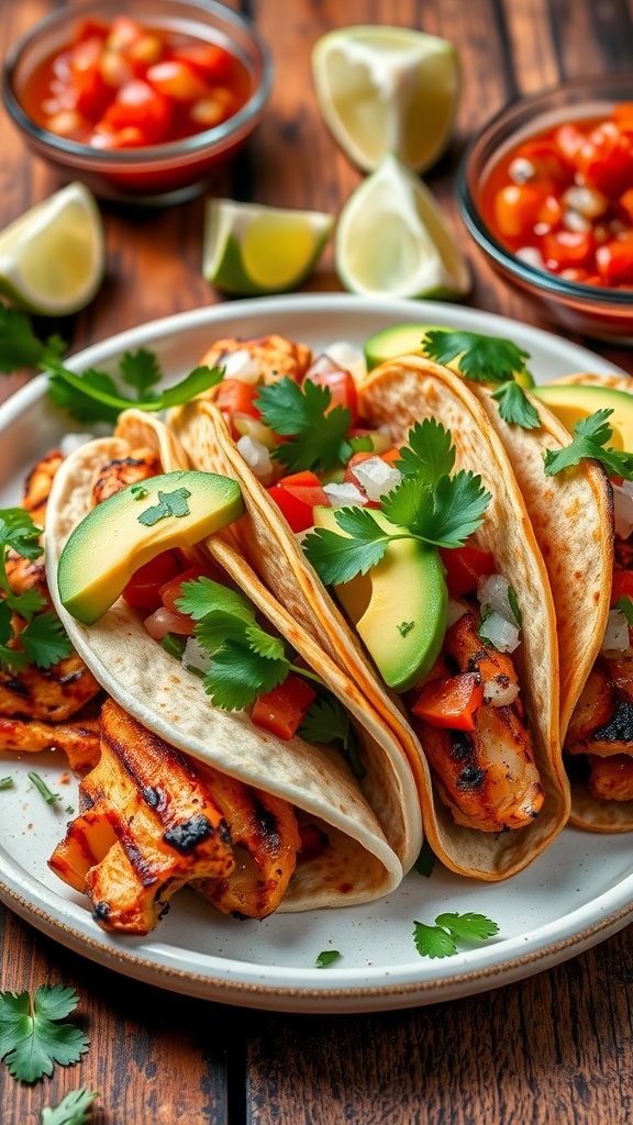 Grilled chicken tacos topped with lettuce, tomatoes, and avocado on a rustic wooden table with salsa on the side.