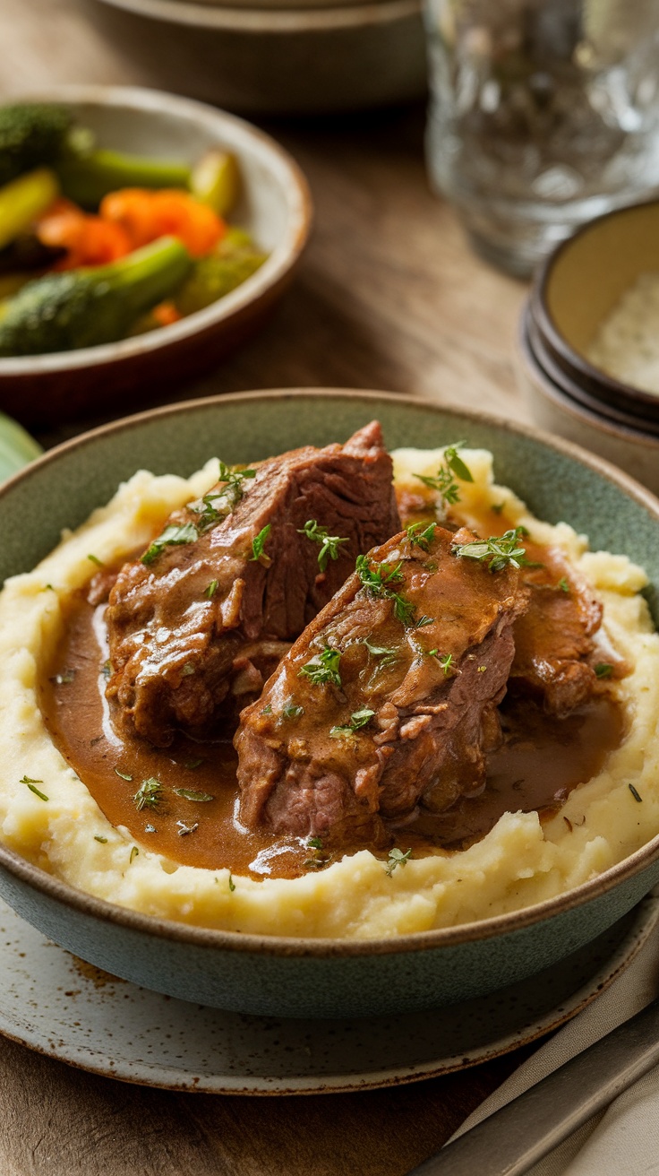 Tender beef tips in gravy over mashed potatoes, garnished with herbs on a rustic dining table.