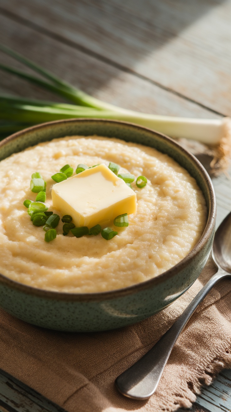 A comforting bowl of creamy grits with butter and green onions, on a wooden table.