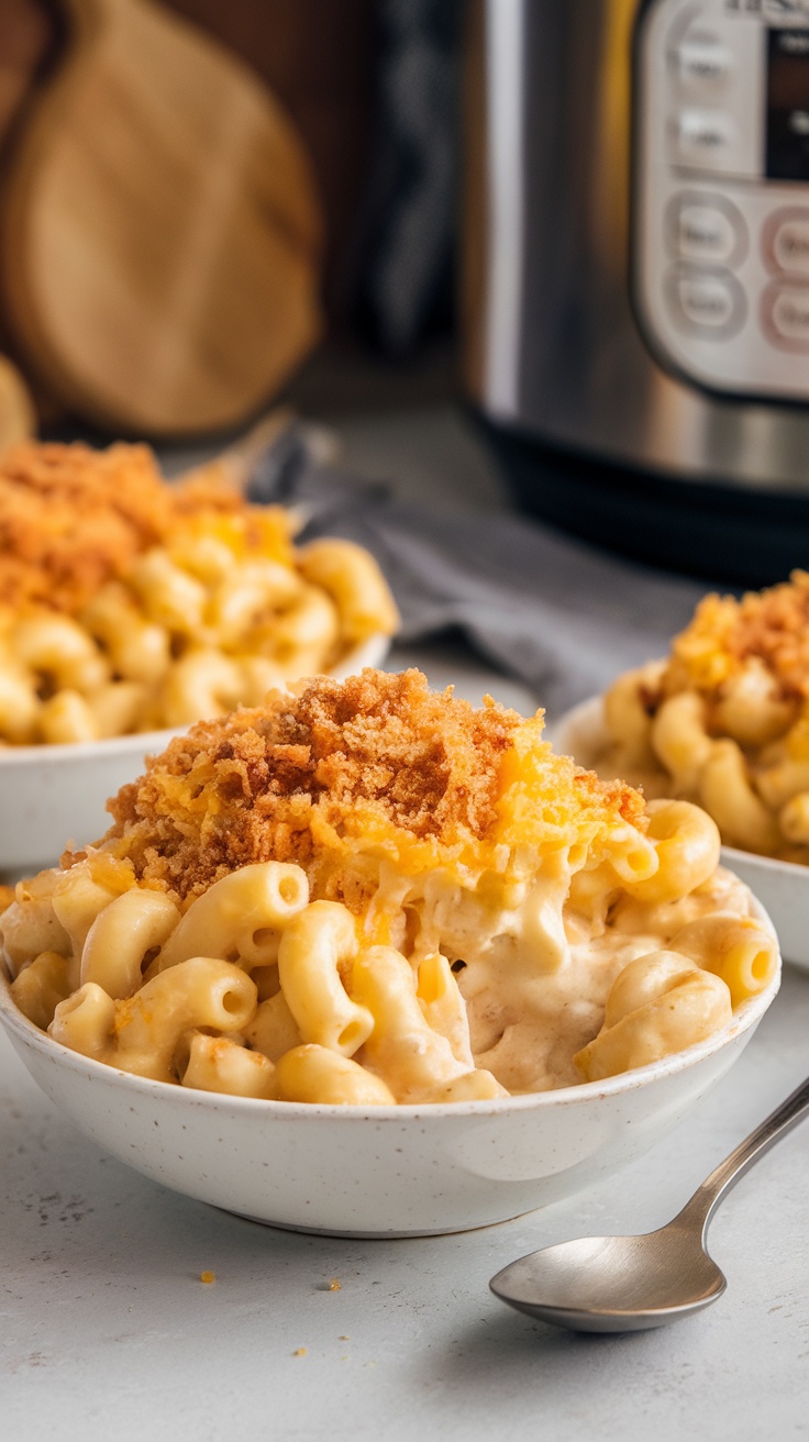 A delicious bowl of macaroni and cheese with a golden breadcrumb topping served in a cozy kitchen.