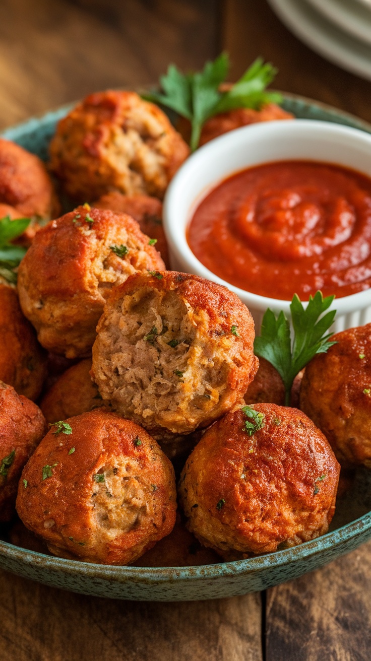 A plate of air fryer meatballs served with marinara sauce and garnished with parsley.