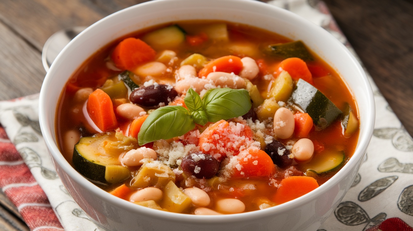 A hearty bowl of minestrone soup with vegetables and beans, garnished with basil and Parmesan, on a rustic table.