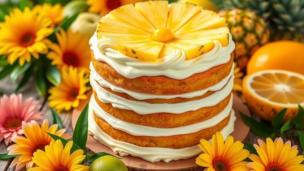 A beautiful tropical pineapple cake with cream cheese frosting and fresh fruit, set on a wooden table.