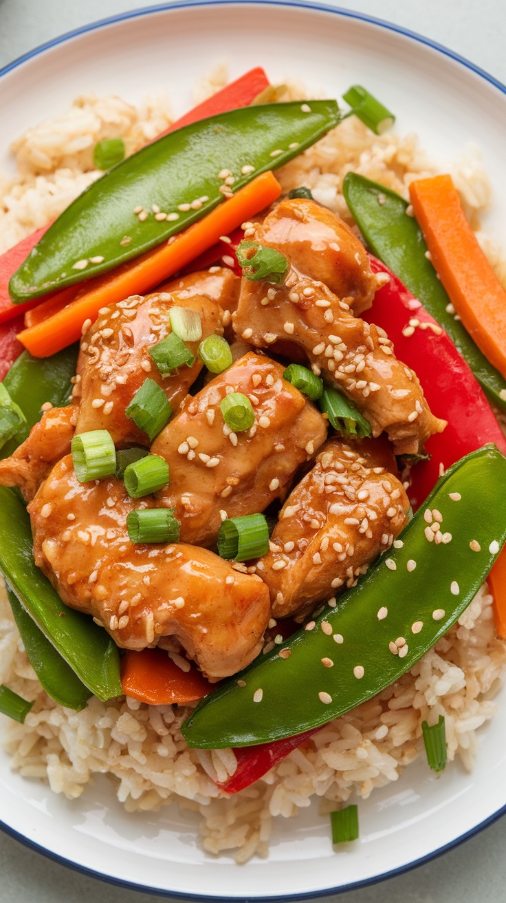 Sesame chicken stir-fry with vegetables over rice, garnished with sesame seeds and green onions, showcasing a colorful and appetizing meal.