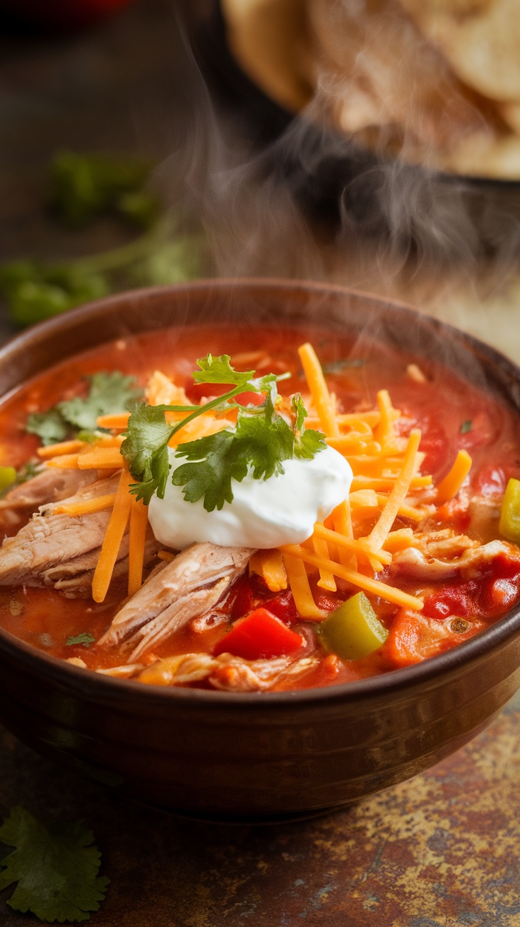 A bowl of chicken enchilada soup topped with cheese, sour cream, and cilantro, on a rustic kitchen table.