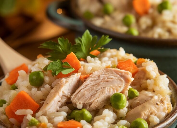 A hearty slow cooker chicken and rice casserole with chicken, rice, peas, and carrots in a rustic bowl, garnished with parsley.