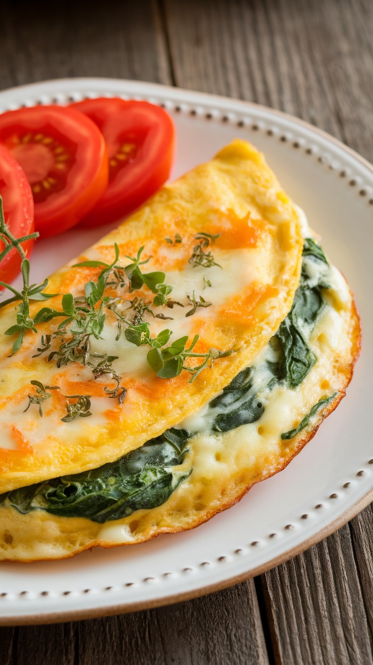 A fluffy spinach and cheese omelette garnished with herbs and sliced tomatoes on a plate.