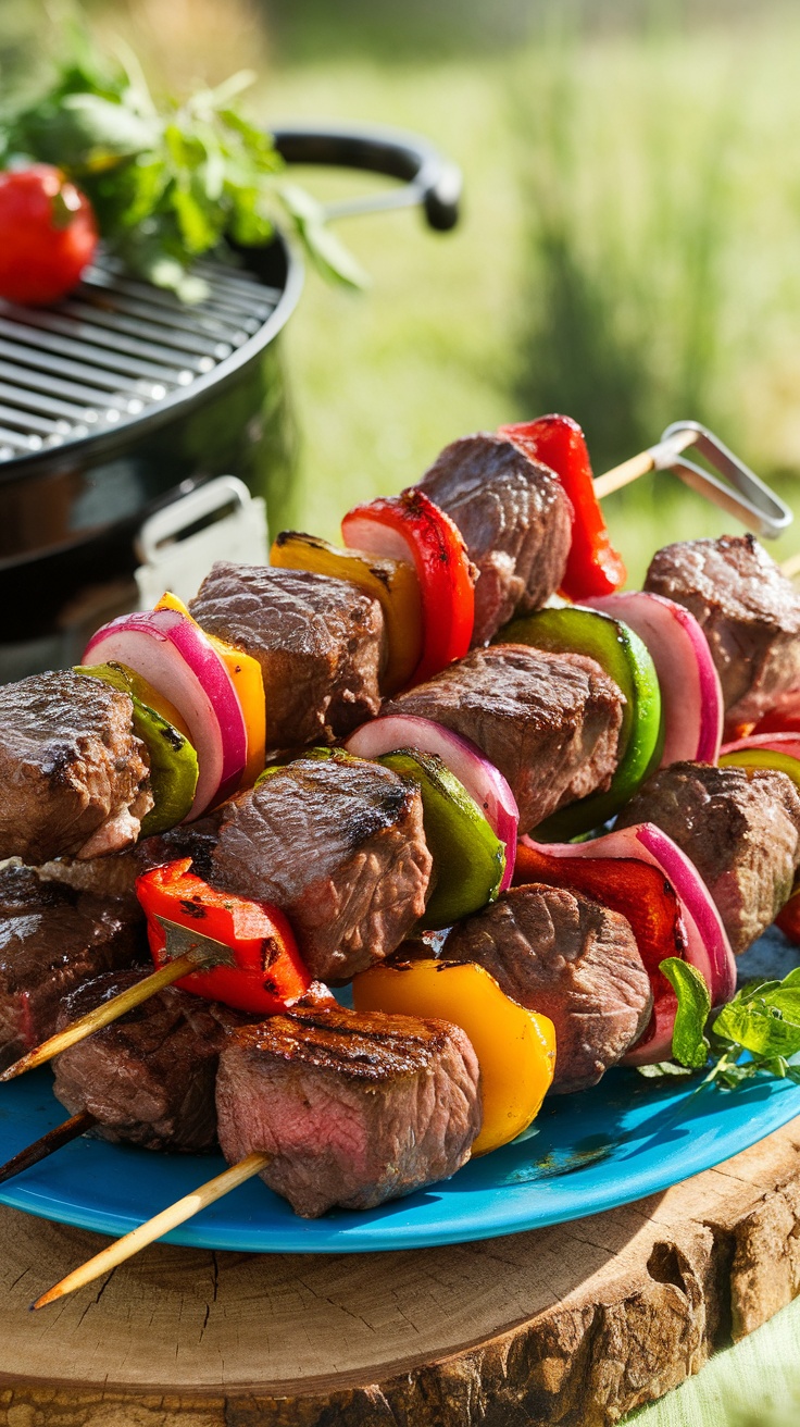 Grilled steak skewers with bell peppers and onion, served on a wooden board in an outdoor setting.