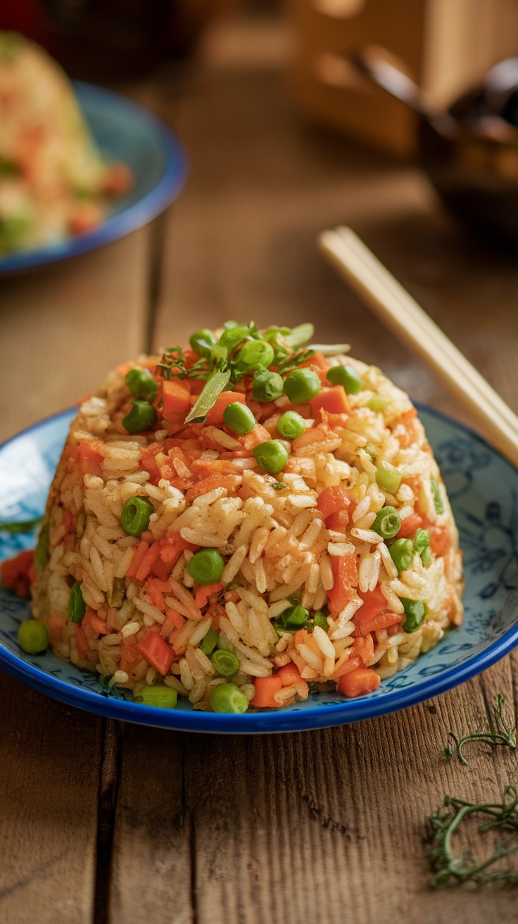 A colorful plate of vegetable fried rice with peas, carrots, and green onions, served on a wooden table with chopsticks.