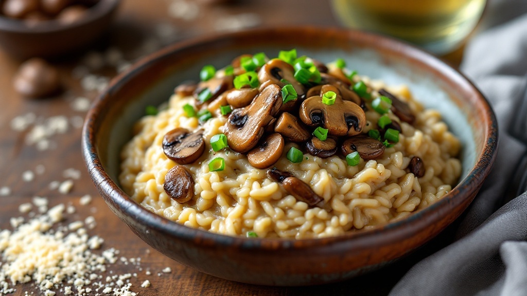 Creamy mushroom risotto topped with sautéed mushrooms and green onions in a rustic bowl, on a wooden table.