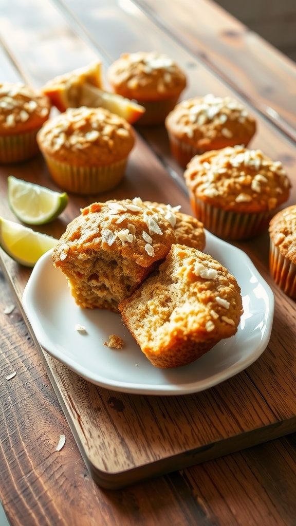 Coconut Lime Oatmeal Muffins Coconut Lime Oatmeal Muffins on a plate with lime wedges, showcasing their golden top and coconut flakes.