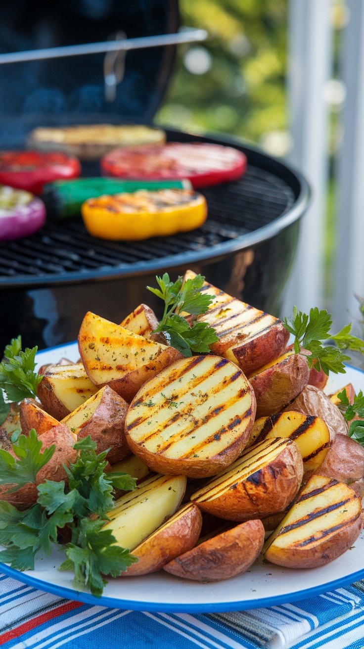 Grilled potato wedges garnished with parsley, served on a plate, with a barbecue grill in the background.