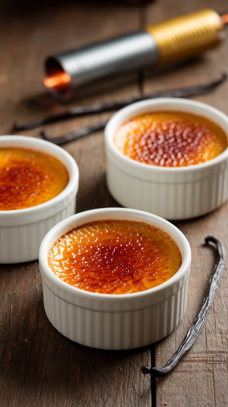 Silky crème brûlée in ramekins with caramelized sugar crust, served on a rustic wooden table.