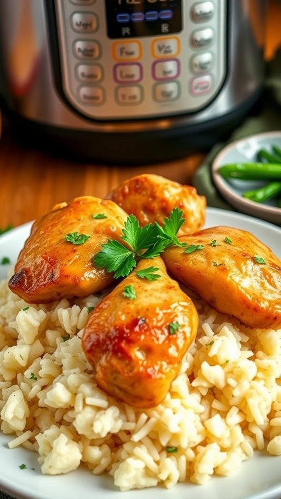 A plate of chicken and rice garnished with parsley, with the Instant Pot in the background.