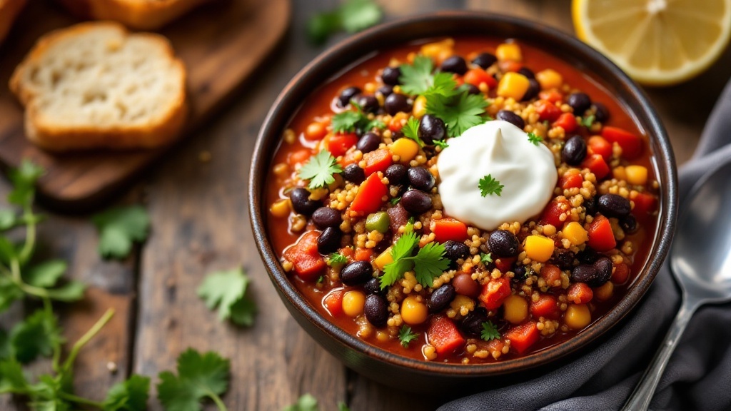 A bowl of colorful vegetarian quinoa chili with beans and vegetables, garnished with cilantro and sour cream, on a wooden table.