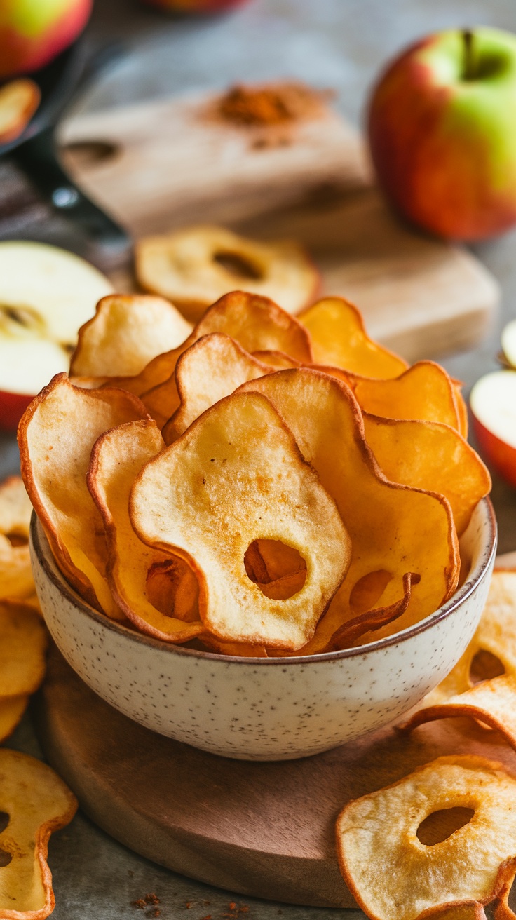 A bowl of crispy air fryer apple chips with whole apples and cinnamon in the background.