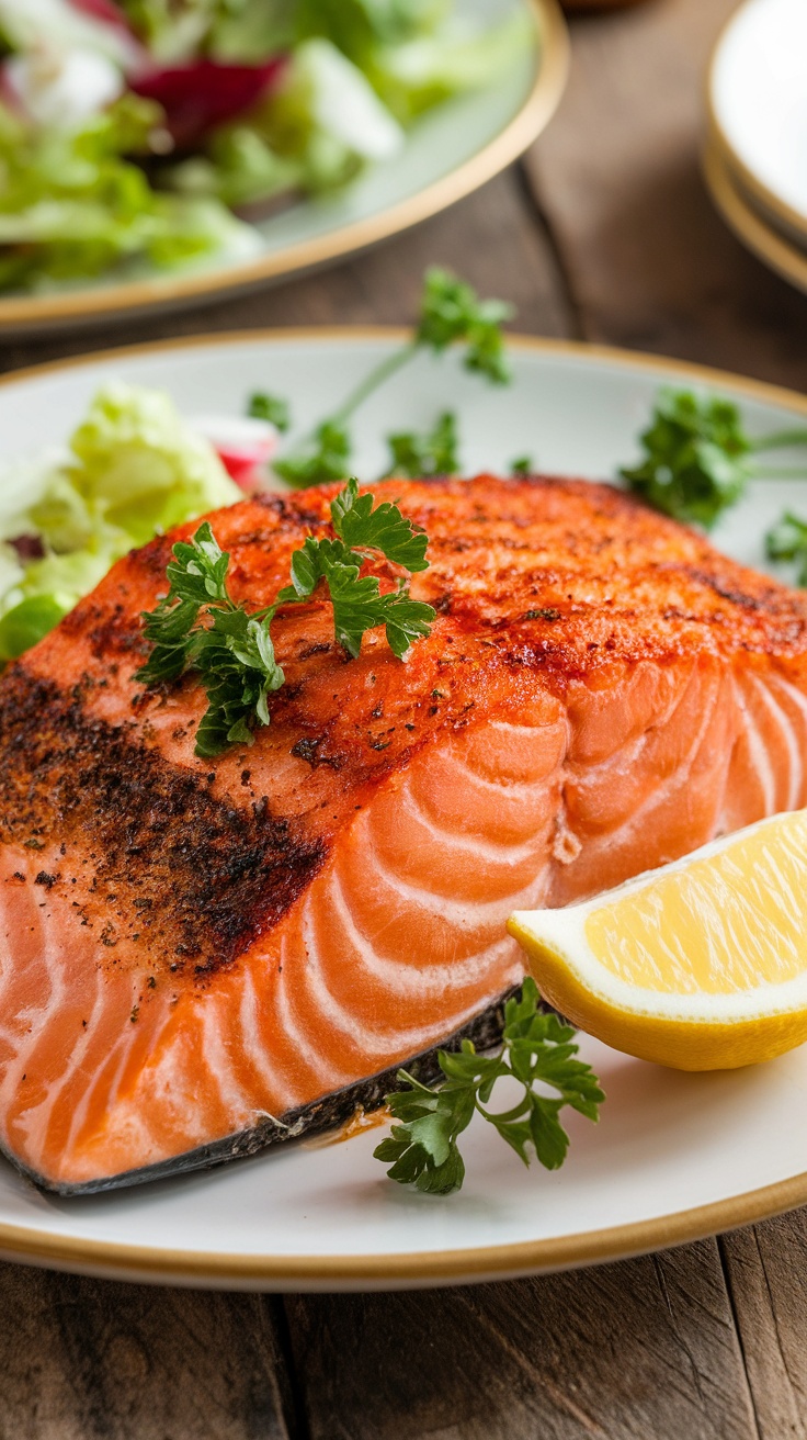 Crispy air fryer salmon fillet garnished with parsley and lemon, served with salad on a rustic table.