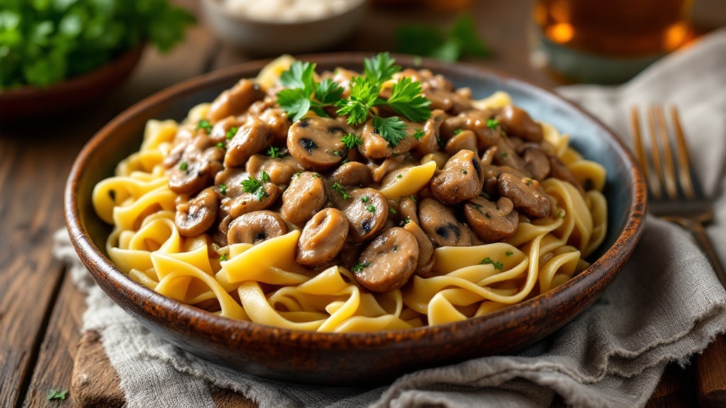 Beef Stroganoff with noodles and parsley served in a rustic bowl.