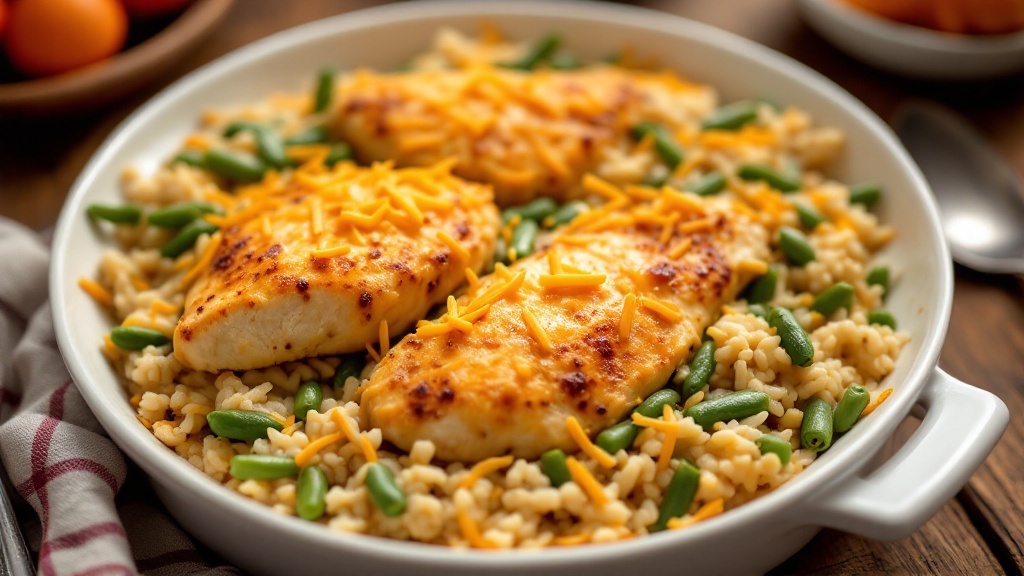 A hearty chicken and rice casserole topped with melted cheese and green beans, served in a rustic dish on a wooden table.