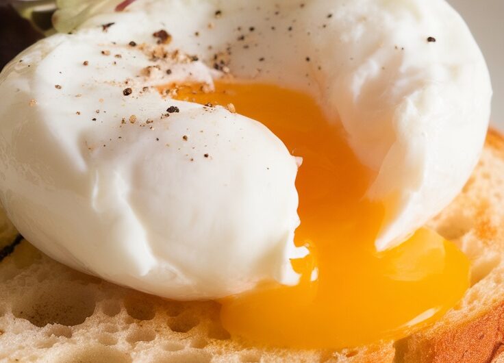 A perfectly poached egg on toast with a runny yolk, garnished with black pepper and microgreens.