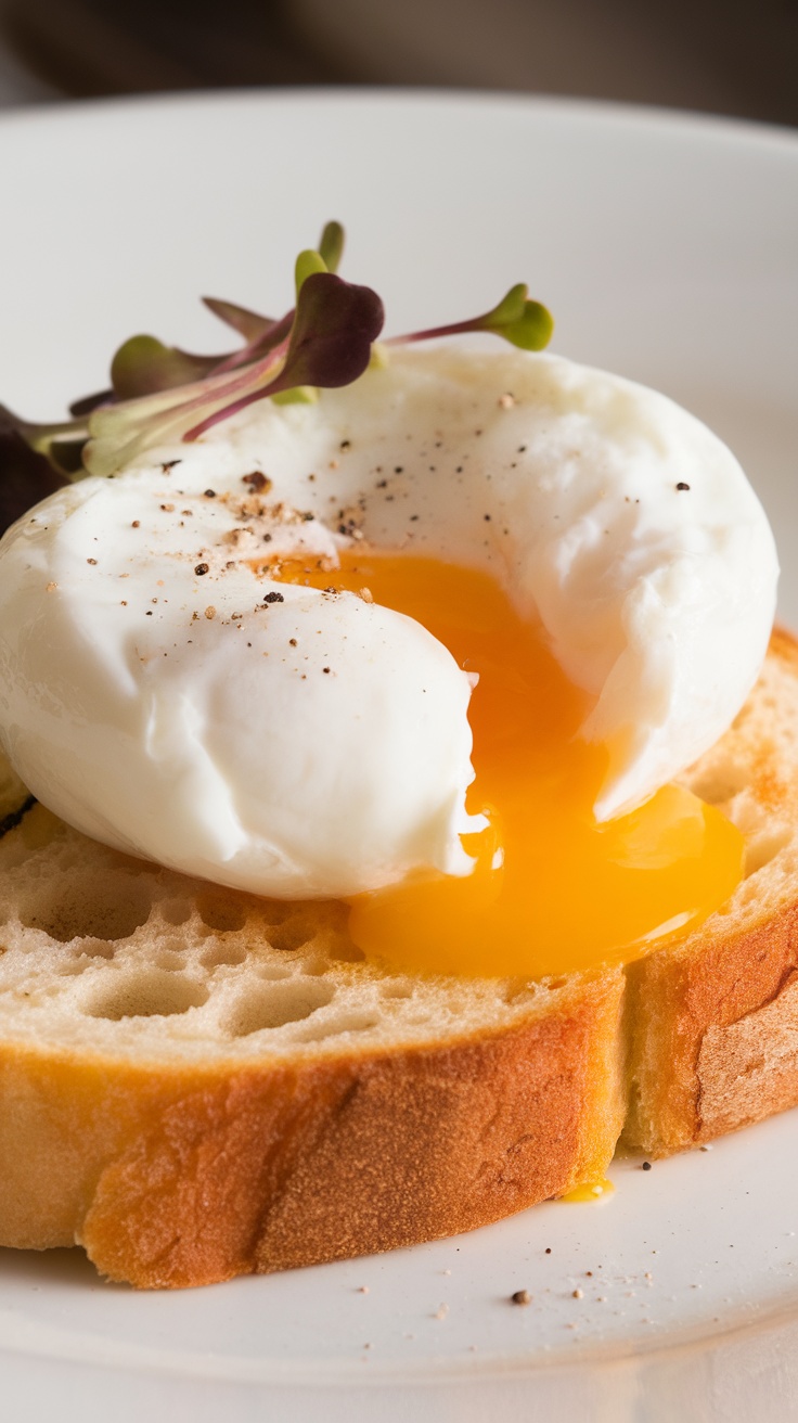 A perfectly poached egg on toast with a runny yolk, garnished with black pepper and microgreens.