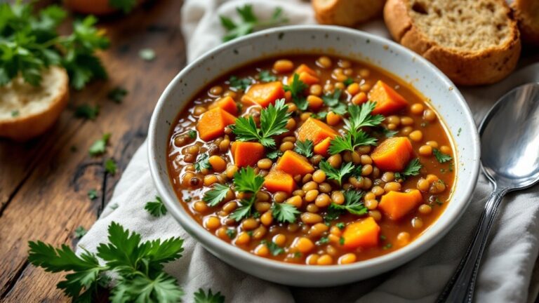 A bowl of lentil soup with sweet potatoes and herbs, garnished with parsley, on a rustic wooden table.