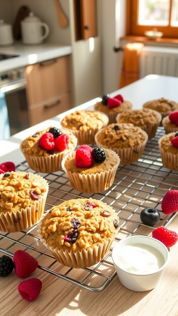 Golden brown oatmeal muffins with mixed berries on a wire rack, surrounded by fresh berries and yogurt.